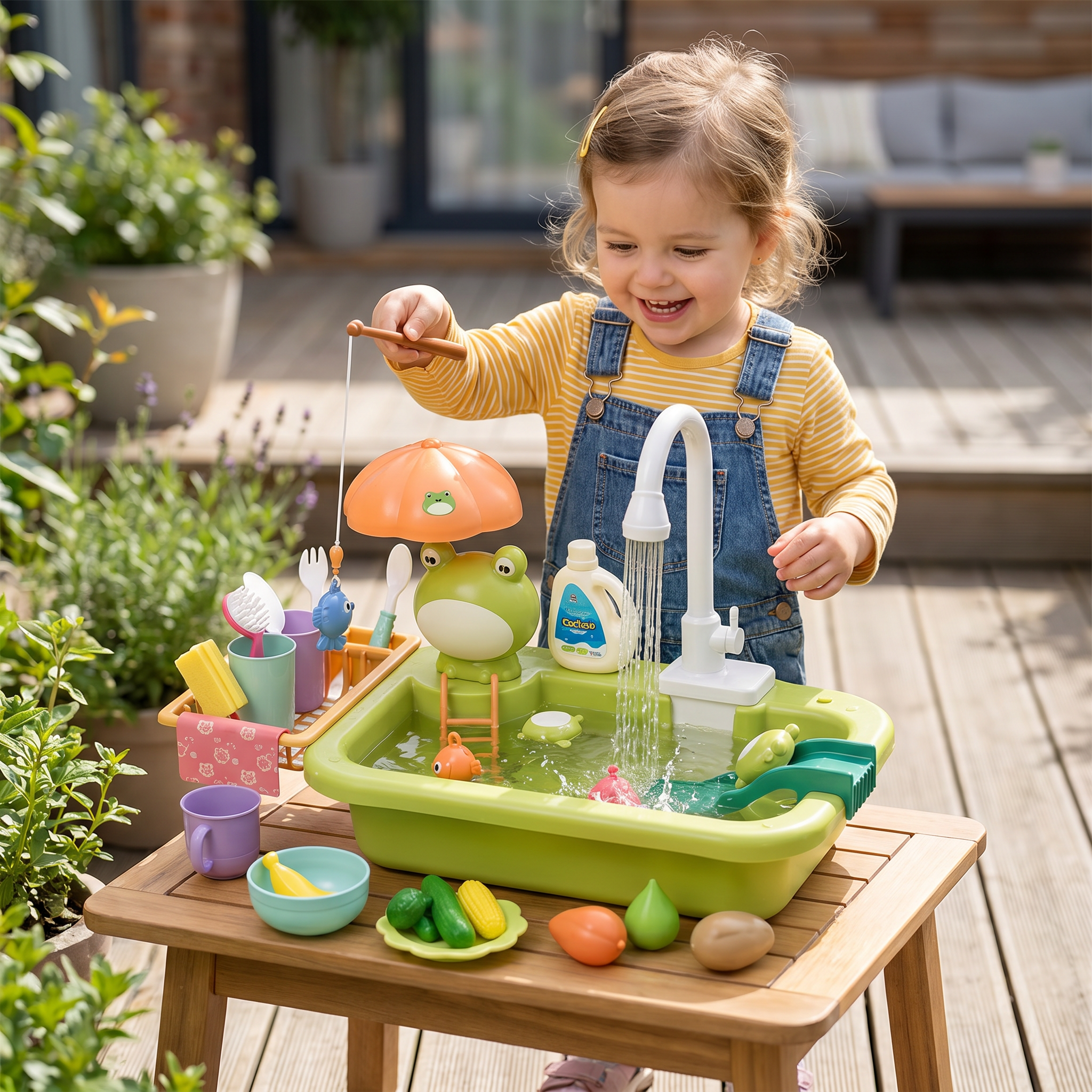 Kinder-speelkeuken met waterfunctie – Gootsteen speelset met elektrische watercirculatie & hengelspel